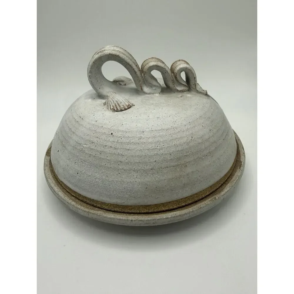 Vintage Handmade Pottery Lidded Blue & Cream Cheese Crock w Ribbon Handles